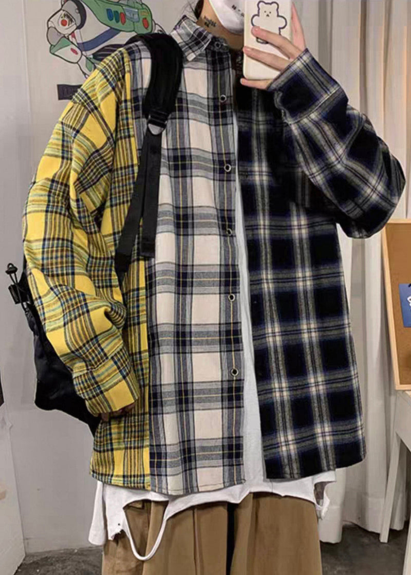 Yellow Plaid Pockets Patchwork Cotton Spring Shirts Asymmetrical