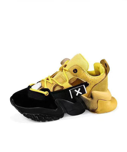 Yellow Platform Sport Shoes Suede Splicing Lace Up Breathable Mesh