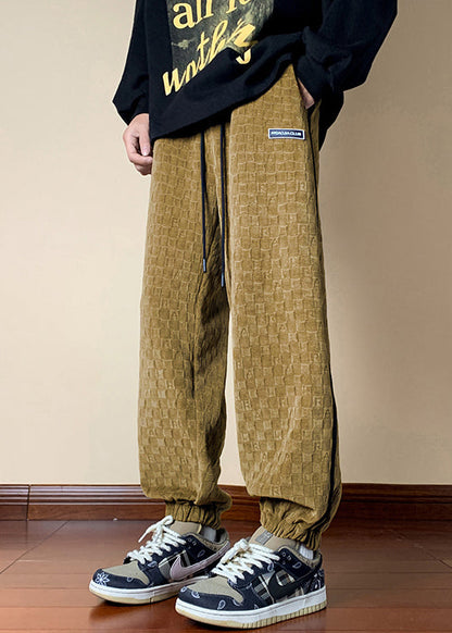 Yellow Pockets Cotton Spring Beam Pants Elastic Waist