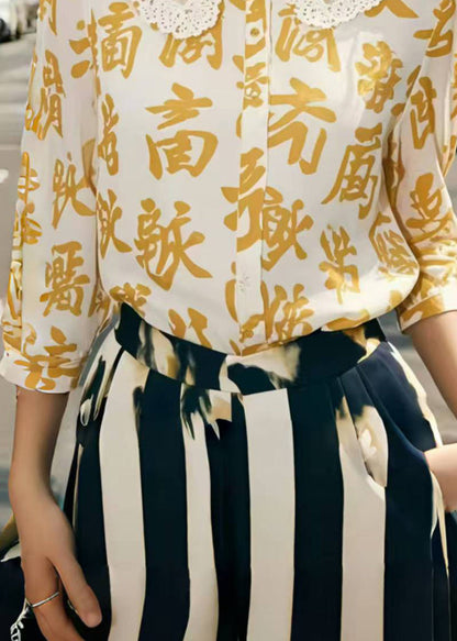 Yellow Print Chiffon Blouse Tops Bracelet Sleeve