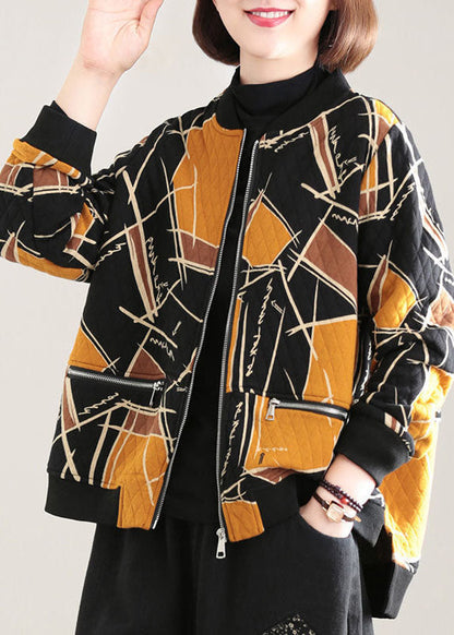 Yellow Print Fine Cotton Filled Parka Stand Collar Zip Up Winter