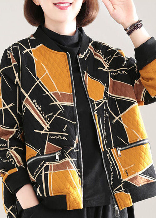 Yellow Print Fine Cotton Filled Parka Stand Collar Zip Up Winter