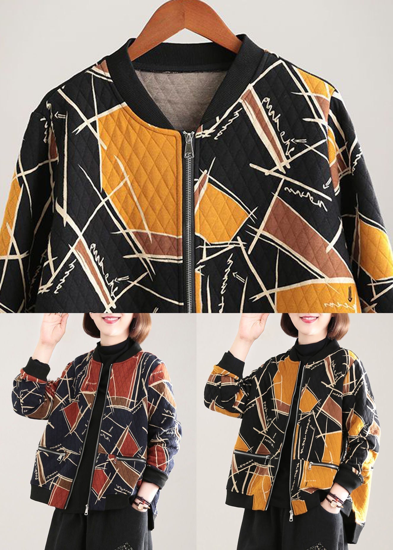 Yellow Print Fine Cotton Filled Parka Stand Collar Zip Up Winter