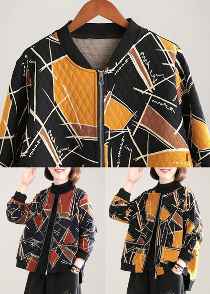 Yellow Print Fine Cotton Filled Parka Stand Collar Zip Up Winter