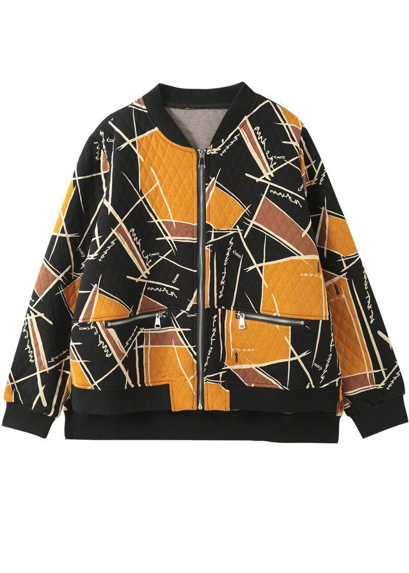 Yellow Print Fine Cotton Filled Parka Stand Collar Zip Up Winter