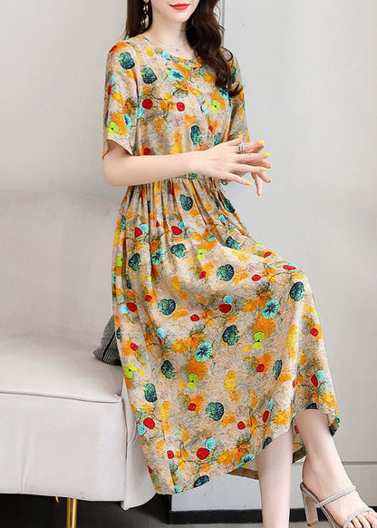 Yellow Print Linen Dresses O-neck Cinched Drawstring Short Sleeve