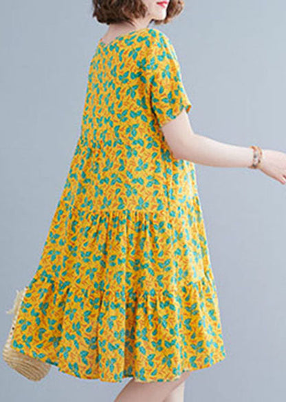 Yellow Print Patchwork Cotton Long Dresses O-neck Wrinkled Short Sleeve