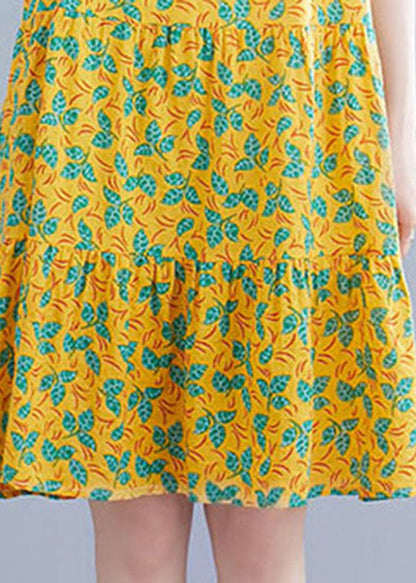 Yellow Print Patchwork Cotton Long Dresses O-neck Wrinkled Short Sleeve