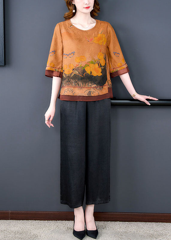 Yellow Print Patchwork Tops and Pants Silk 2 Piece Outfit Summer