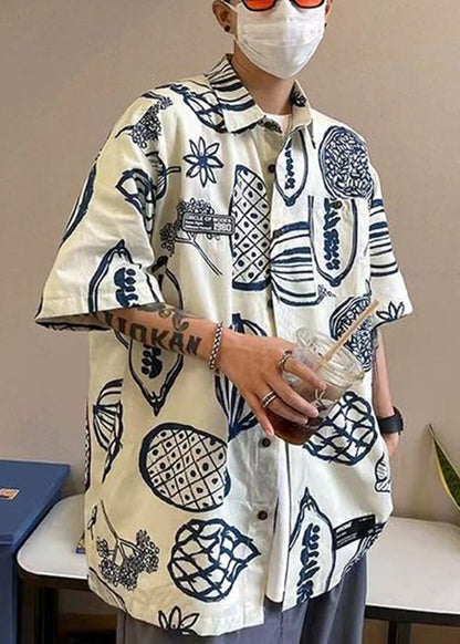 Yellow Print Pockets Cotton Shirts Peter Pan Collar Half Sleeve