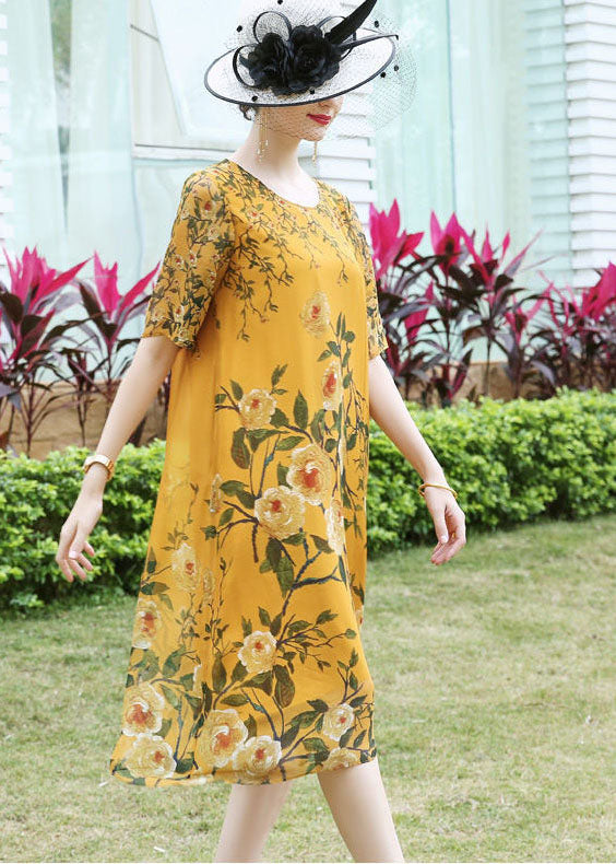 Yellow Print Silk Beach Dress O-neck Oversized Summer