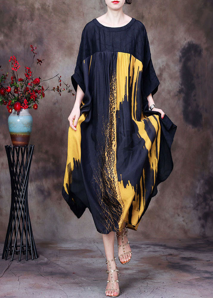 Yellow Print Chiffon Loose Beach Dresses O-neck Wrinkled Batwing Sleeve