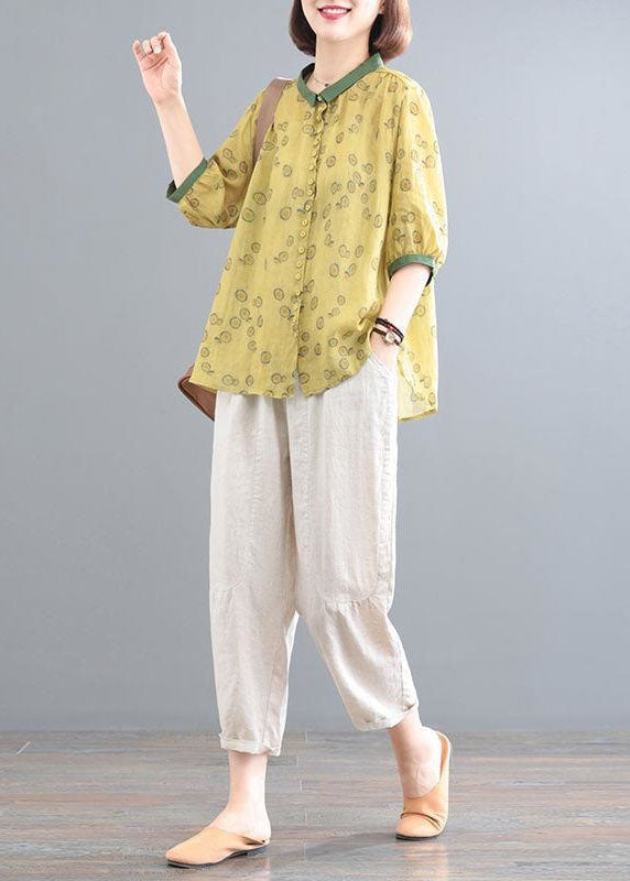 Yellow Print Tops and Beige Pants Linen Sets Summer