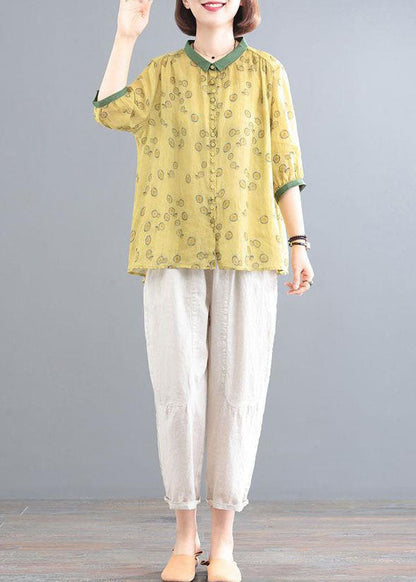 Yellow Print Tops and Beige Pants Linen Sets Summer