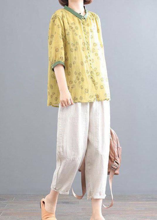 Yellow Print Tops and Beige Pants Linen Sets Summer