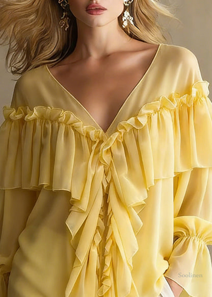 Yellow Ruffled Button Chiffon Shirt Tops V Neck Spring