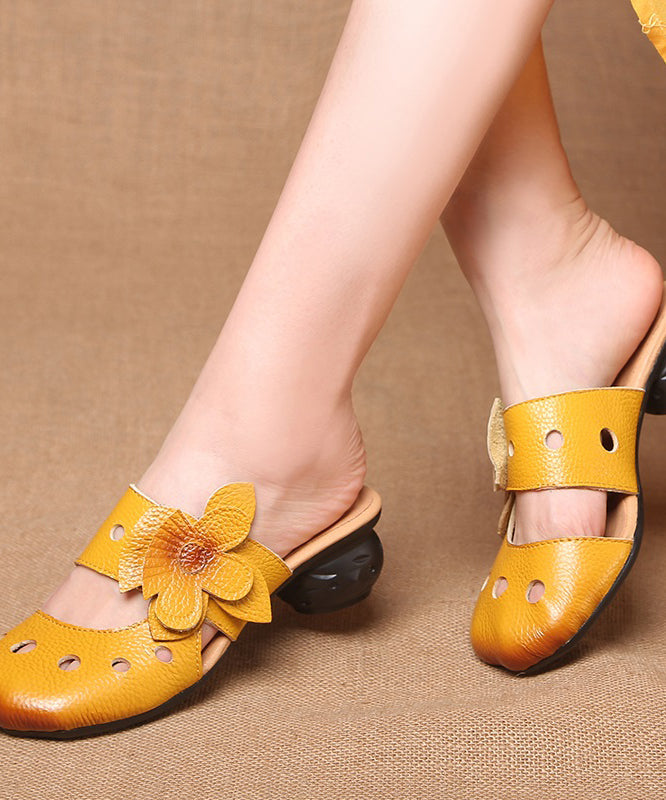 Yellow Splicing Cowhide Leather Chunky Slide Sandals