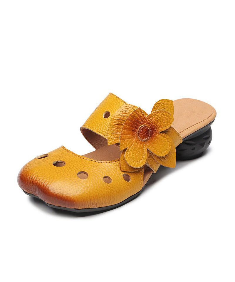 Yellow Splicing Cowhide Leather Chunky Slide Sandals