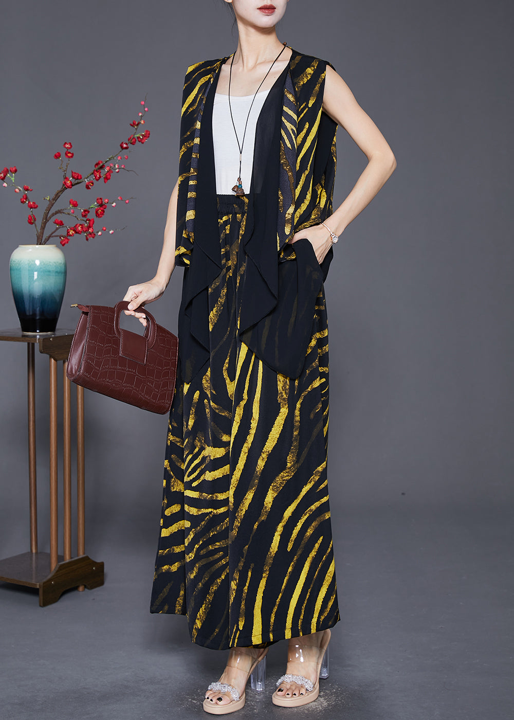 Yellow Striped Cotton Vest and Pants Two-piece Set Asymmetrical Design Fall