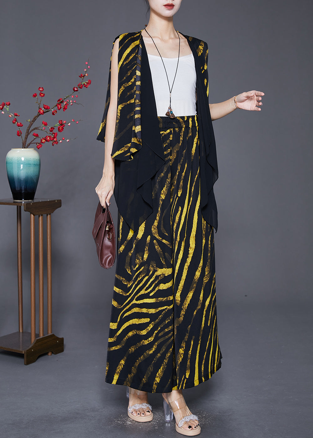 Yellow Striped Cotton Vest and Pants Two-piece Set Asymmetrical Design Fall
