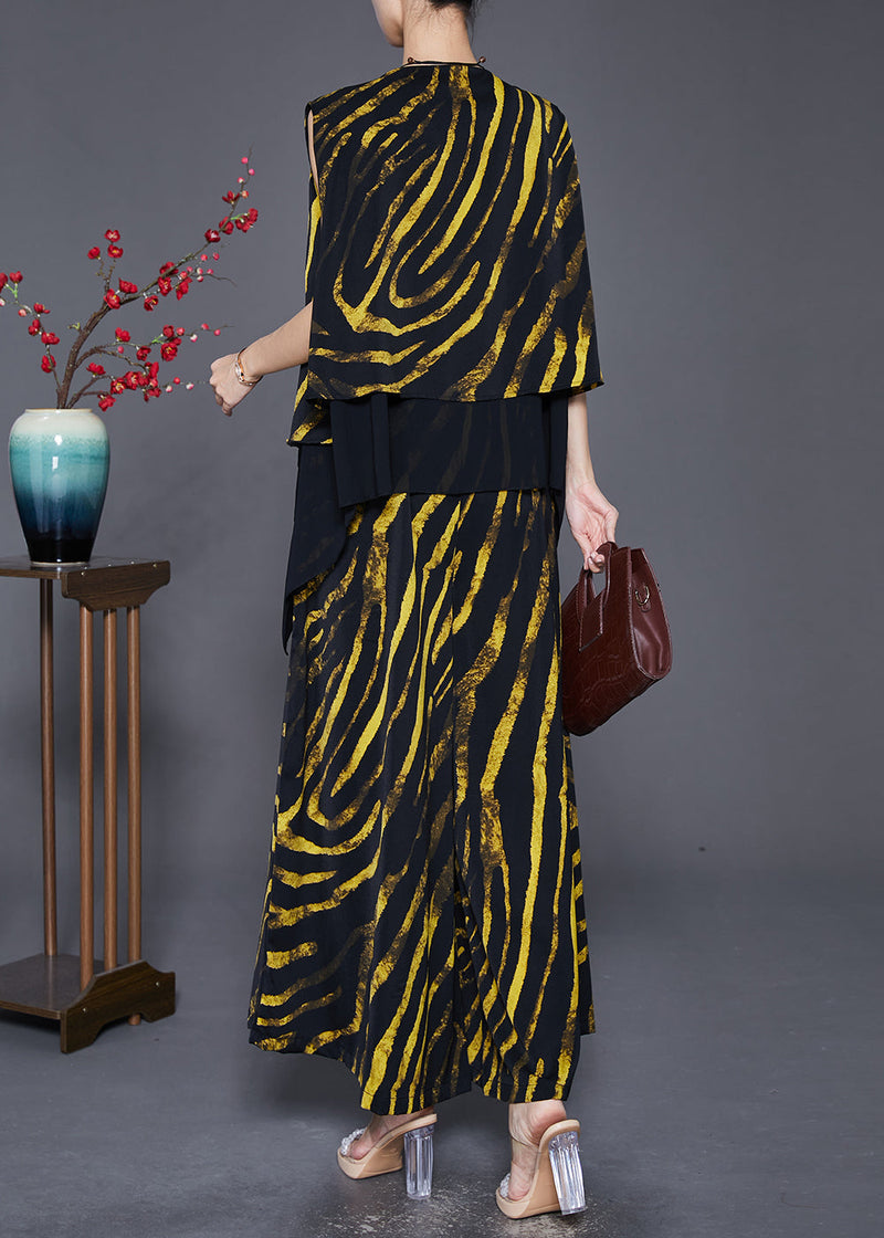 Yellow Striped Cotton Vest and Pants Two-piece Set Asymmetrical Design Fall