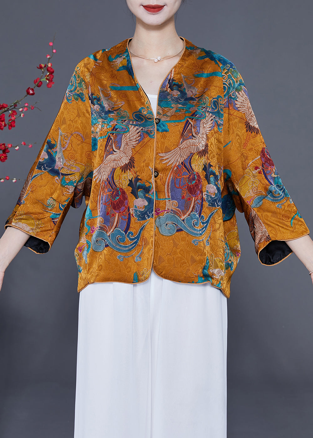Yellow Silk Top V Neck Crane Print Bracelet Sleeve