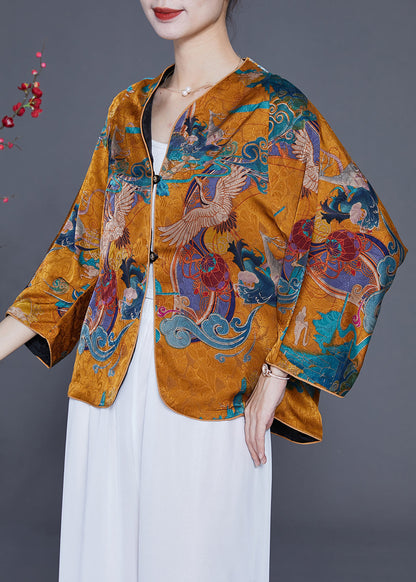 Yellow Silk Top V Neck Crane Print Bracelet Sleeve
