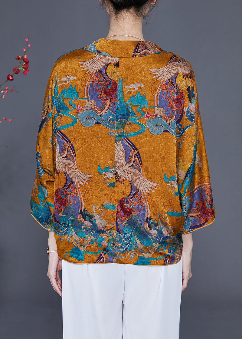Yellow Silk Top V Neck Crane Print Bracelet Sleeve