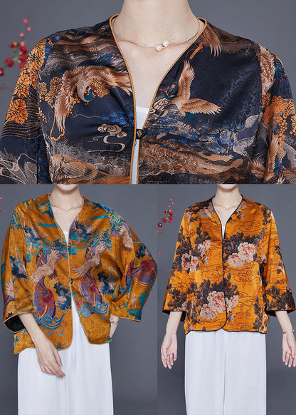 Yellow Silk Top V Neck Crane Print Bracelet Sleeve