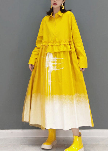 Yellow Print Long Dress Button Cinched Spring