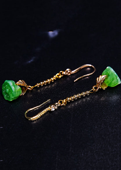 Green Lotus Seedpod Jade Gilding Drop Earrings