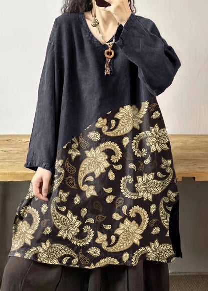 Mulberry V Neck Embroidered Patchwork Linen Mid Dresses Fall