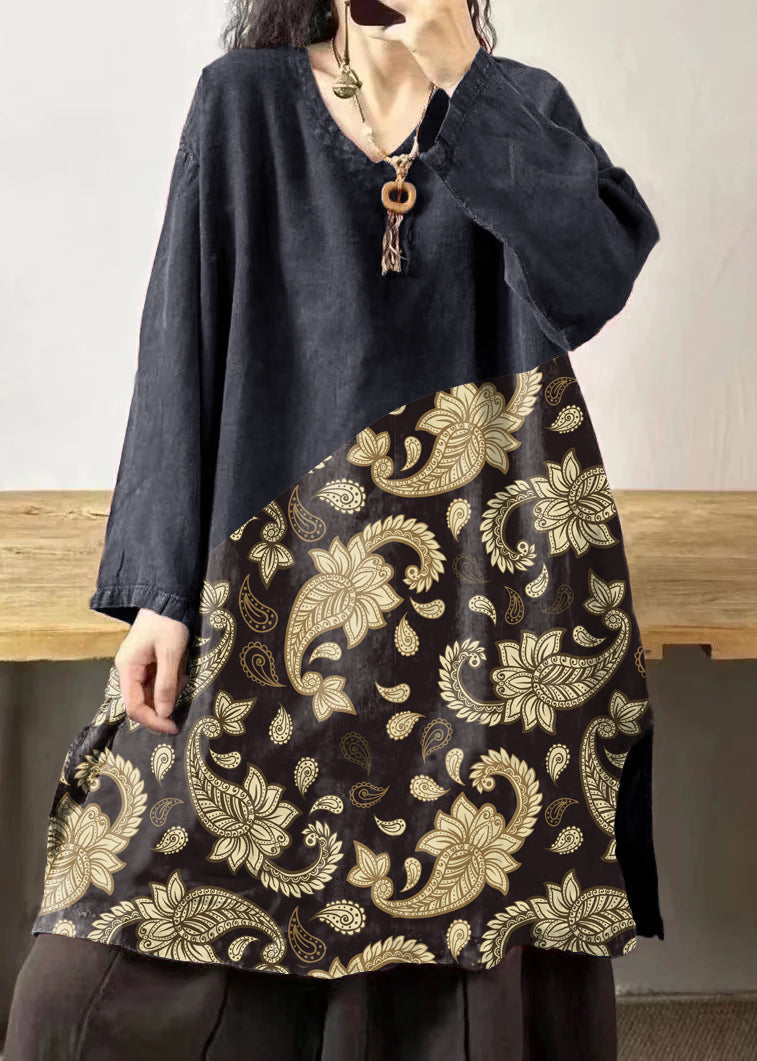 Yellow Sunflower V Neck Embroidered Patchwork Linen Mid Dresses Fall