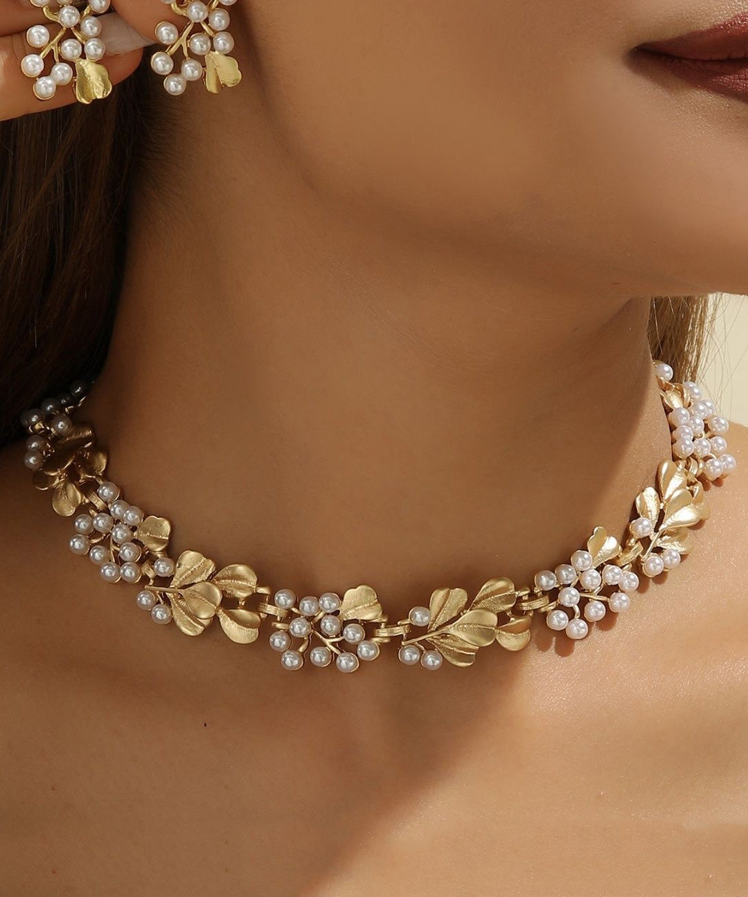 Handmade Pearl Metal Ginkgo Leaf Hollow Necklace Earring Set