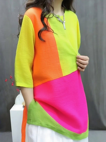 Handmade Colored Flowers O-Neck Print Button Top Summer