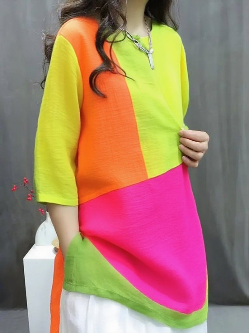 Handmade Colored Flowers O-neck Print Button Top Summer