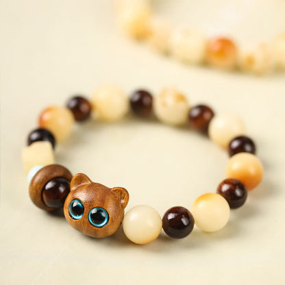 Buddha Stones Natural Bodhi Seed Sandalwood Lucky Cat Head Paw Claw Peace Bracelet