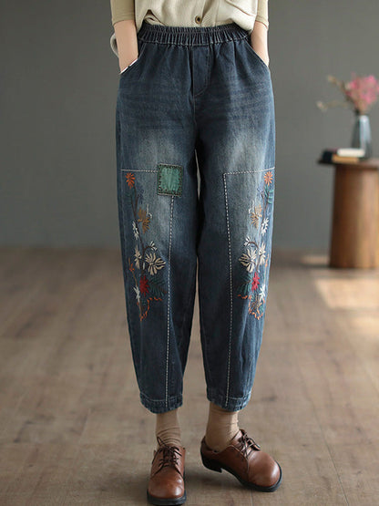 Loose Embroidered Elasticity Harem Denim Pants