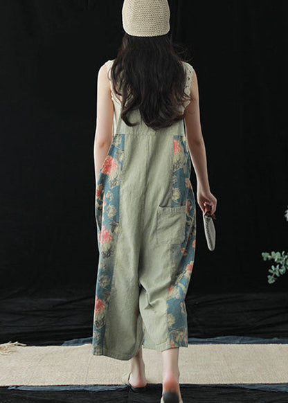 Blue Pockets Patchwork Print Cotton Denim Wide Leg Pants Jumpsuit