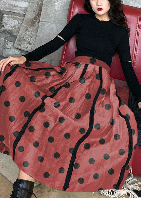 Comfy Brown Polka Dots Patchwork Summer Skirt Cotton Linen