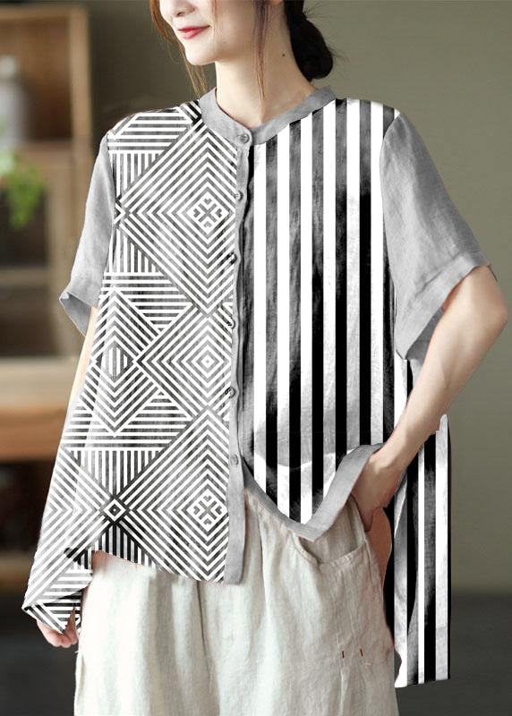 Black Strips Summer Side Open Stand Collar Ramie Loose Short Sleeve