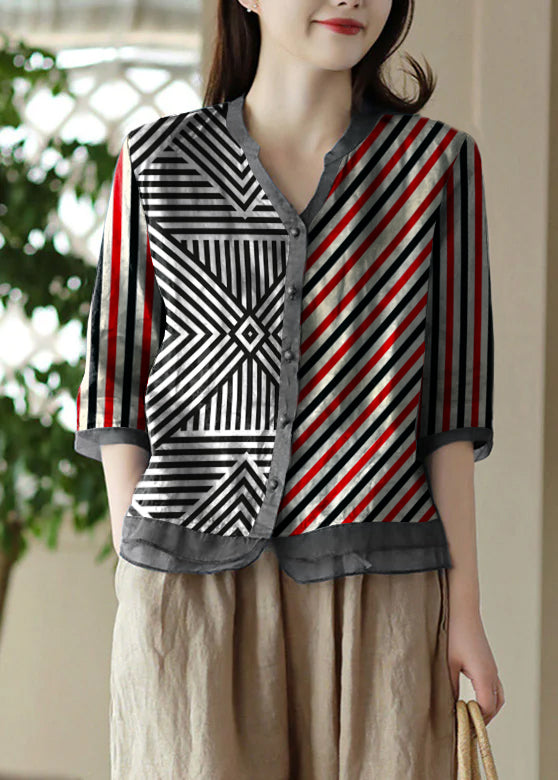 Black Polka Dots V Neck Embroidered Ramie Shirt Half Sleeve
