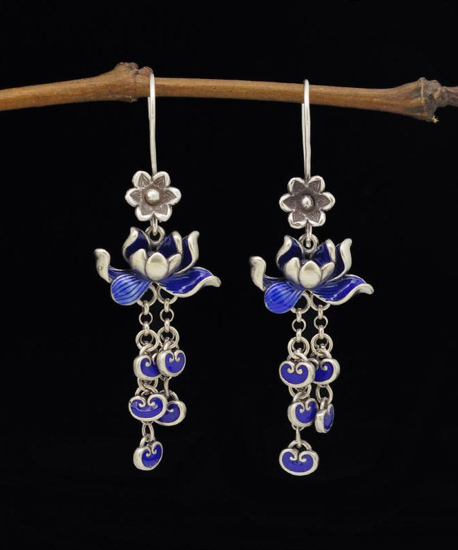 Blue Sterling Silver Cloisonne Lotus Tassel Drop Earrings