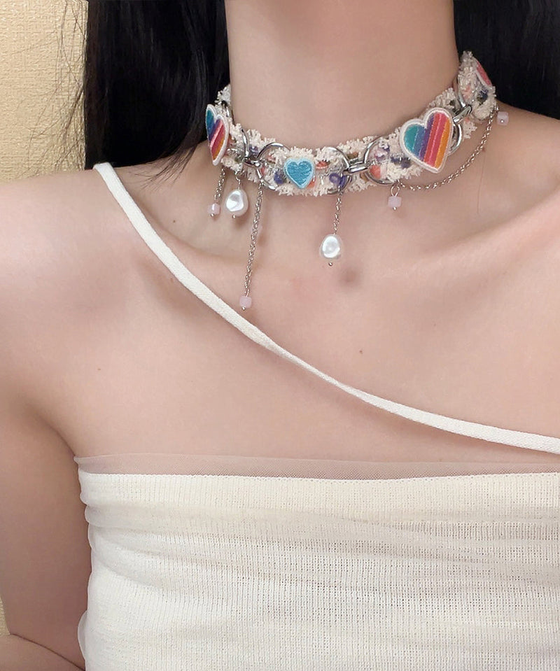 Rainbow Sterling Silver Pearl Love Tassel Choker
