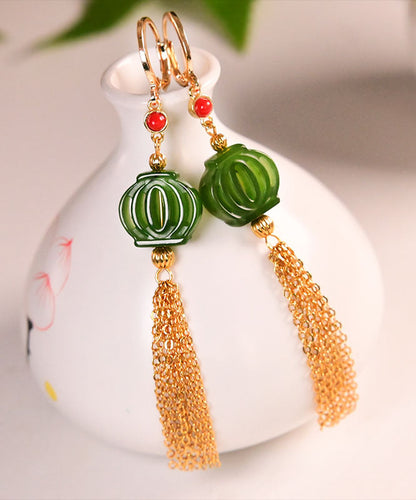 Classy Green 14k Gold Jade Tassel Drop Earrings