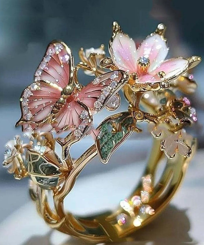 Gold Alloy Zircon Drip Glaze Butterfly Rings