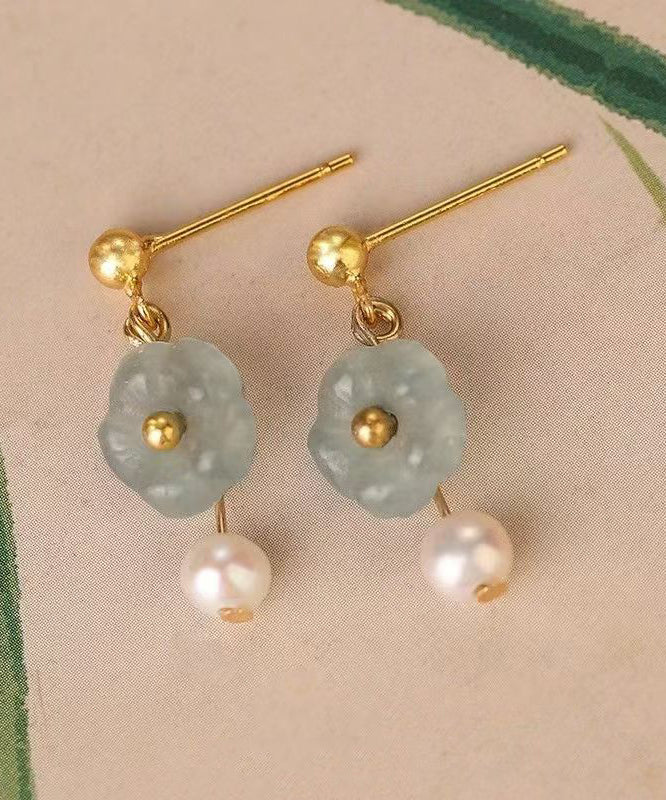 Art Colorblock Sterling Silver Overgild Jade Pearl Drop Earrings