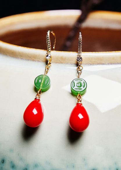 Red Water Droplet Coral Fine Jade Drop Earrings