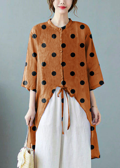 Orange Polka Dots Button Pockets Linen Tops Half Sleeve