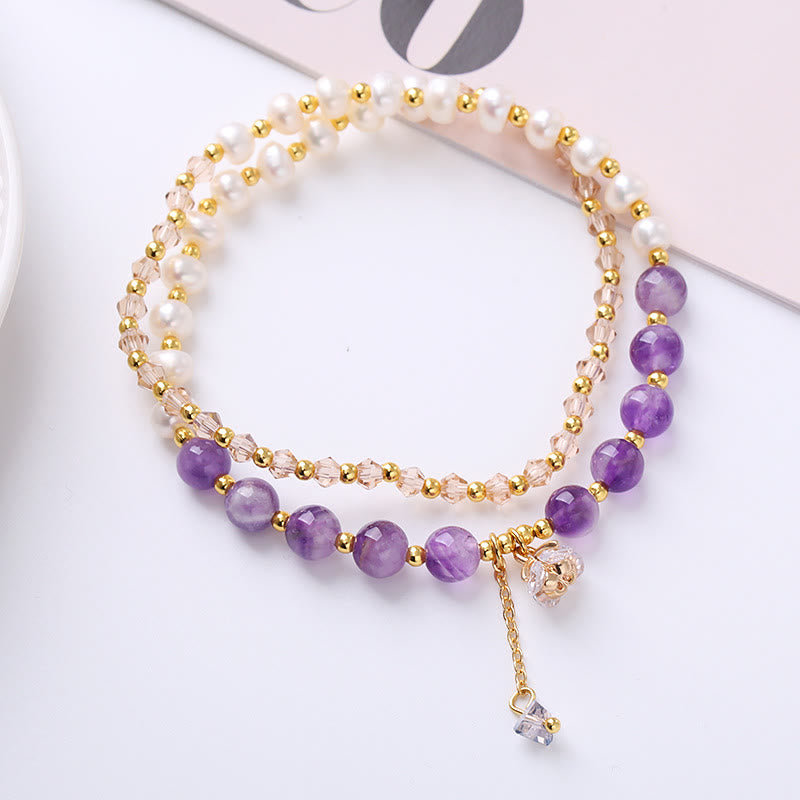Buddha Stones Natural Amethyst Aquamarine Strawberry Quartz Pearl Peace Healing Double Wrap Bracelet
